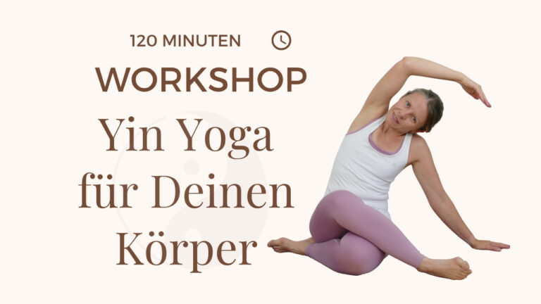 Frau in Seitbeuge bewirbt 120-minütigen Yin-Yoga-Workshop